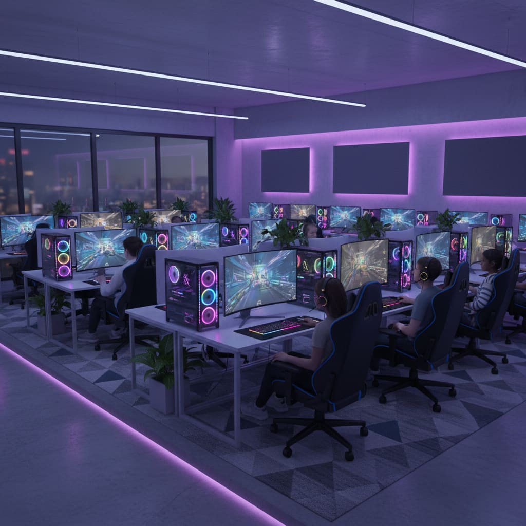 Modern PC gaming lounge interior in Doha with high-performance stations