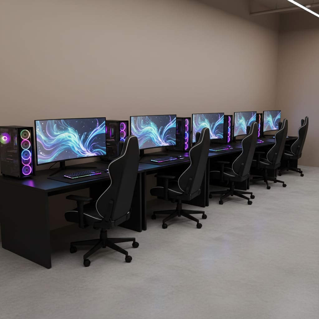 Row of high-end gaming PCs with RGB lighting