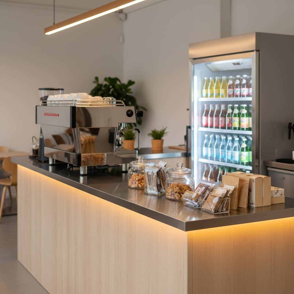 Snack and beverage bar counter with drinks and light snacks
