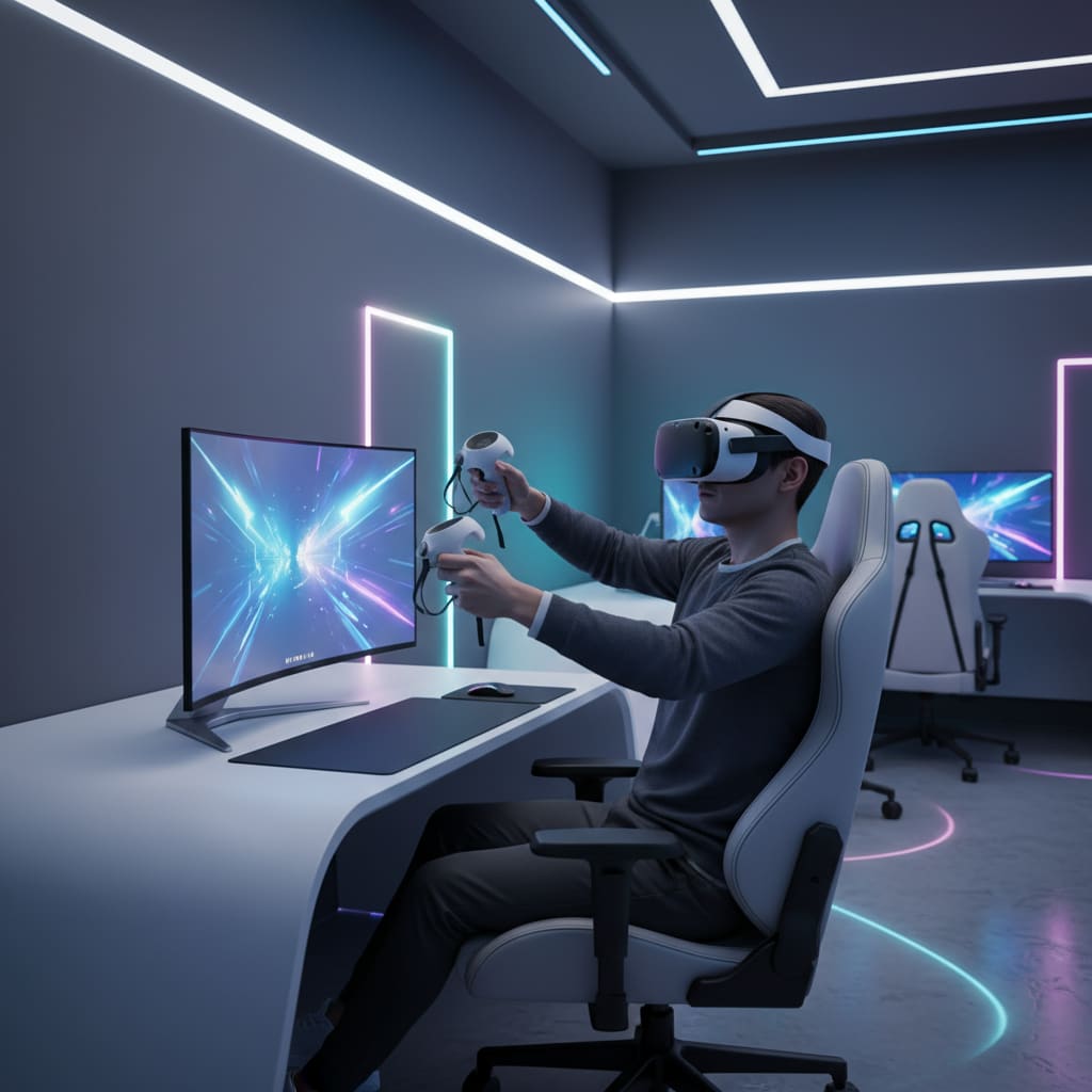 Person using a modern VR headset and controllers in a lounge